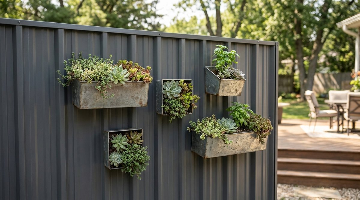 Small magnetic metal wall containers attached to a steel fence or metal siding panel, showcasing a rental-friendly vertical gardening solution for small spaces. The containers hold shallow-rooted plants like sedums, small succulents, and compact herbs, arranged in an odd-numbered cluster for visual balance.