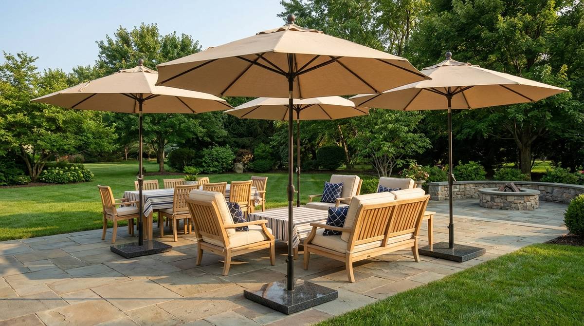 A group of three or more large market umbrellas clustered together over outdoor seating or dining areas, providing flexible shade coverage for outdoor decor parties. The commercial 9-11 foot umbrellas are shown with coordinated colors matching cushions and linens, anchored with heavy-duty bases for stability in moderate winds.