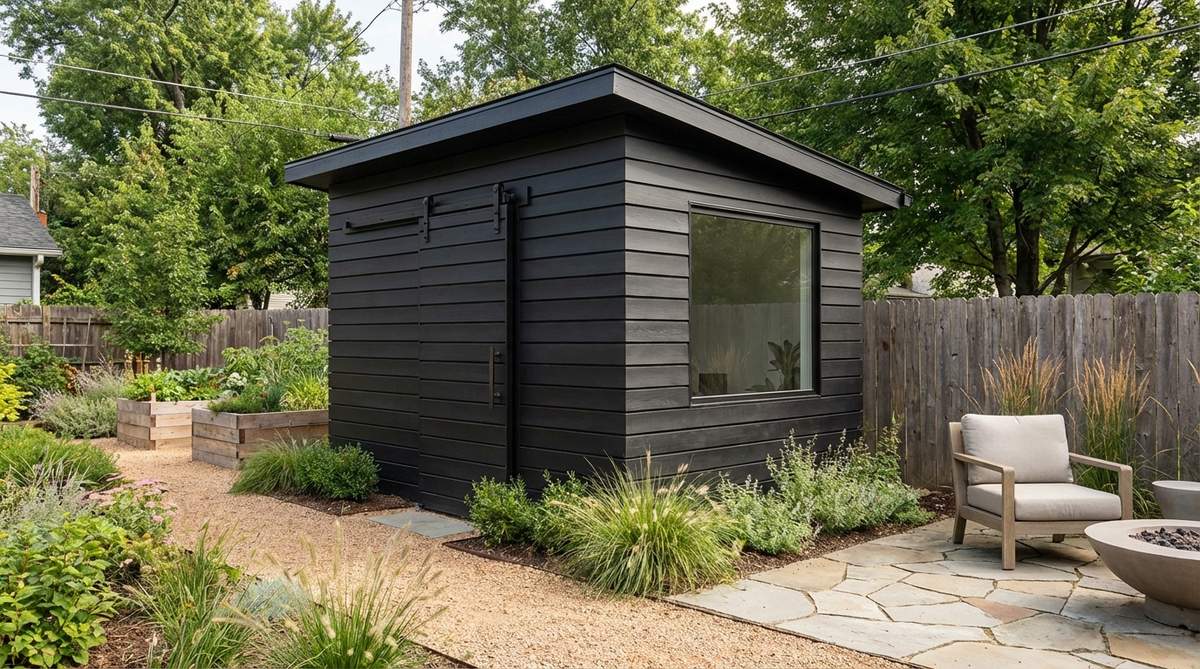 A contemporary garden shed featuring premium 1x12 shiplap boards stained in a matte black finish with subtle shadow lines between planks. The horizontal orientation emphasizes width while the dark color helps the structure blend into the garden backdrop. Protected with UV-resistant matte finish and paired with metallic hardware accents.