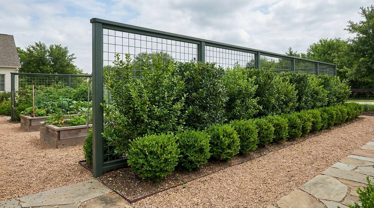 A structured garden fence featuring a mixed hedge of evergreen shrubs like boxwood, holly, and privet supported by wire mesh backing. The wire framework guides plant growth while providing partial screening, with shrubs planted 18 inches in front and maintained at 6-foot heights through biannual shearing. Ideal for bordering vegetable gardens or defining outdoor spaces with formal, clipped hedge aesthetics and structural support.