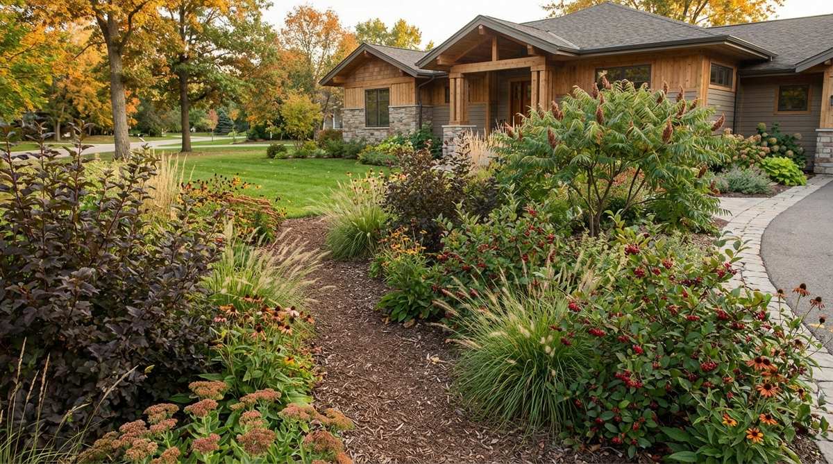A modern front yard garden featuring a mixed shrub meadow with deciduous shrubs like ninebark, chokeberry, and sumac providing structural elements at 24 to 48 inches, interspersed with flowing grasses and perennials. The design offers privacy screening without rigid formality, with seasonal interest from spring blooms, summer grasses, fall colors, and winter structure from seed heads and branching architecture.