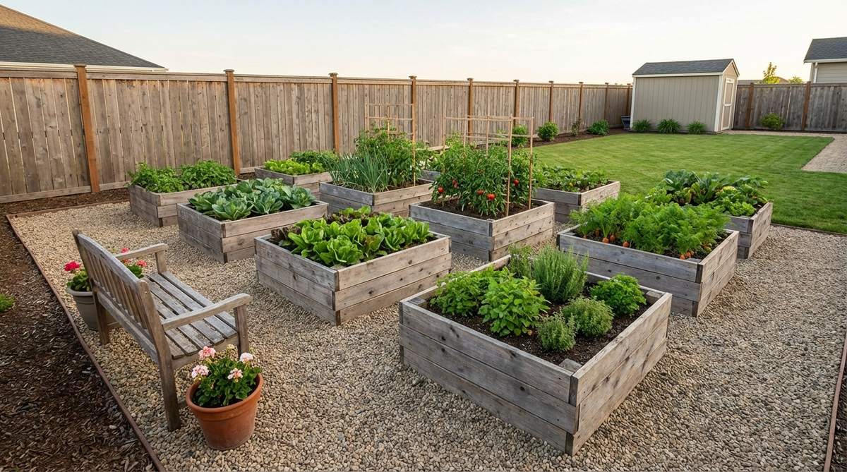 A small garden with modular wooden pallet collar raised beds arranged in a grid, each filled with vegetables and surrounded by gravel, creating an orderly and versatile layout for easy gardening and mobility.