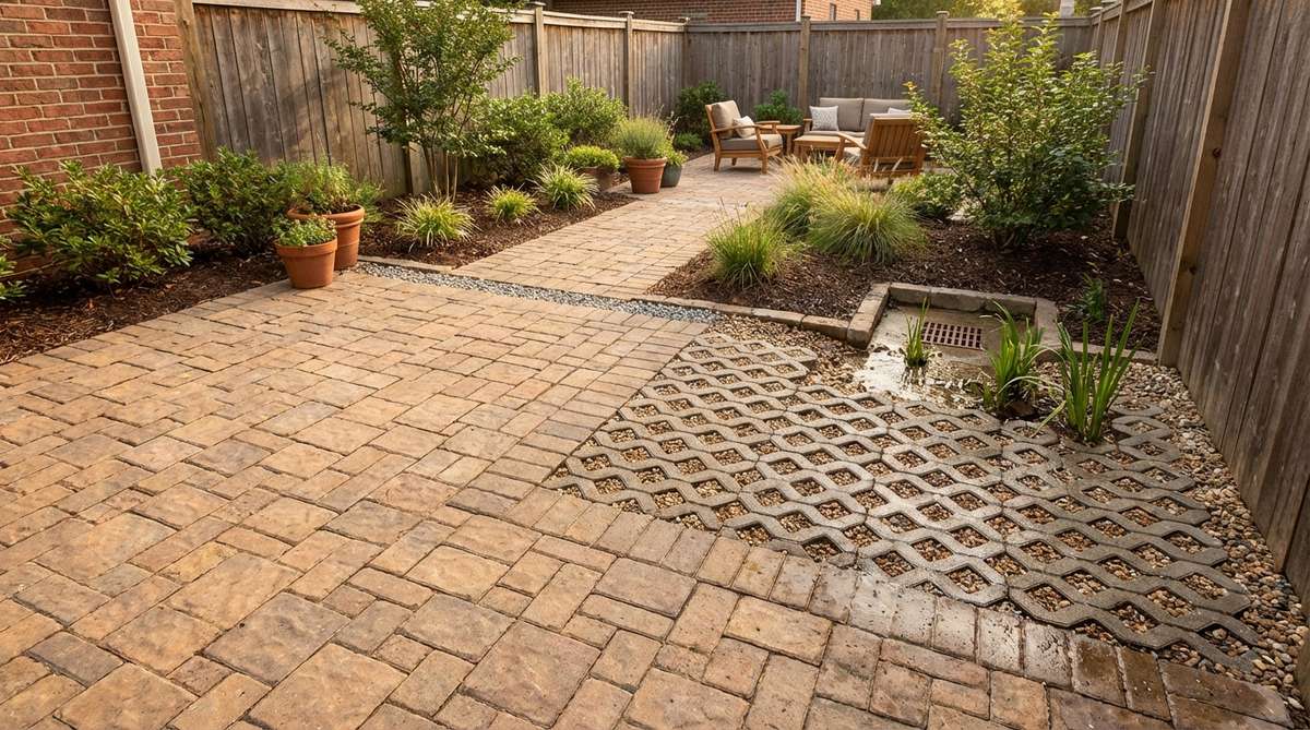 Interlocking pavers arranged in a varied pattern create visual interest in a small garden courtyard, demonstrating easy installation and integration with drainage solutions. Permeable pavers are shown in an area prone to water accumulation, with the open cell structure allowing rainfall to percolate rather than pool on the surface.