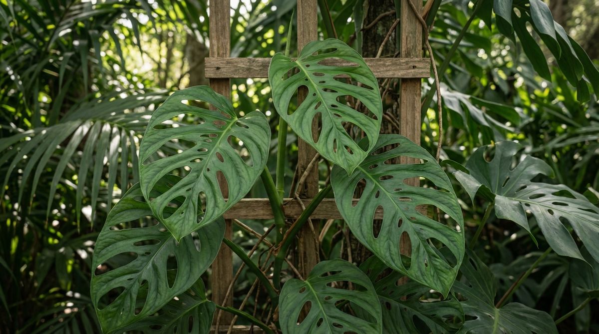 A close-up image showcasing the glossy, perforated leaves of Monstera Deliciosa, highlighting its unique Swiss cheese texture. The plant is depicted climbing a trellis in a shaded garden zone, adding exotic vertical greenery to a tropical garden design, with soft light filtering through the leaves to create a lush, serene atmosphere.