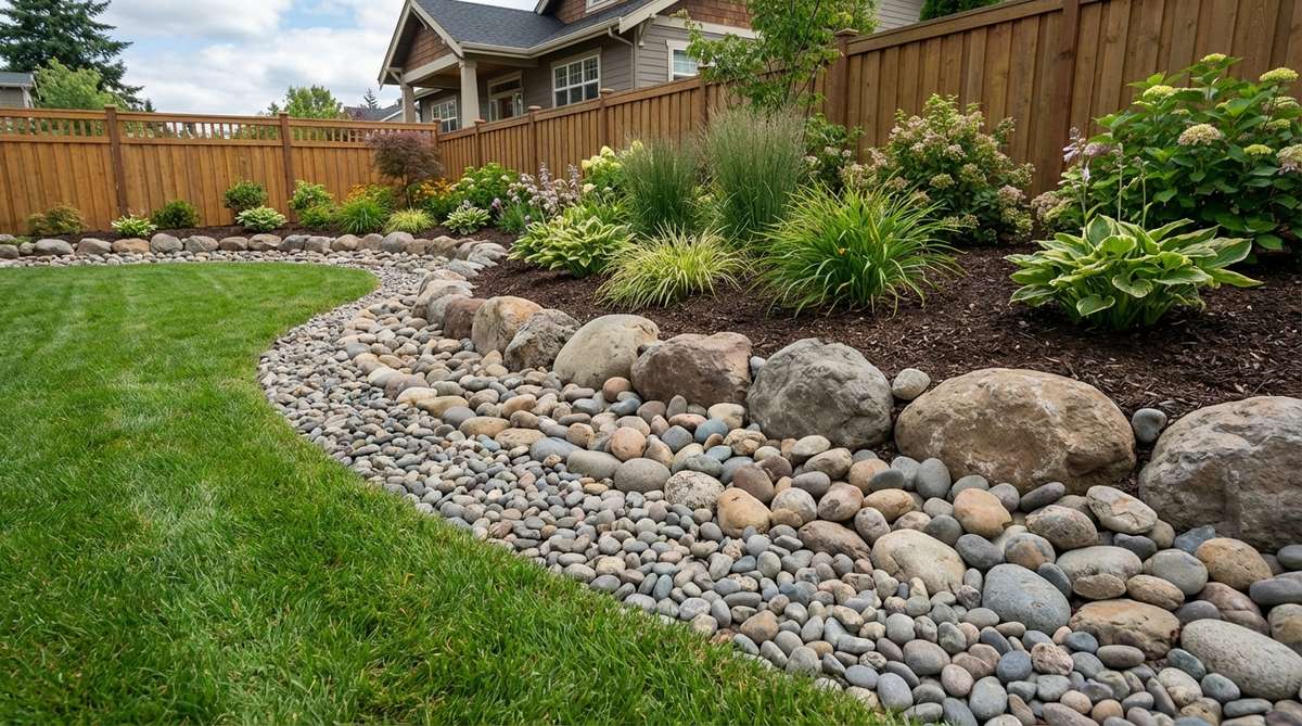 An image showing a stone garden edging with multi-layered rock gradation, featuring three size grades of river rocks: 1-inch, 3-inch, and 6-inch stones arranged in layers. The largest stones are positioned at the rear against the planting bed, medium-sized stones in the center, and the smallest stones along the lawn edge, mimicking natural stream beds. This stratification enhances dimensional depth, improves drainage on slopes, and helps resist displacement from rain runoff.