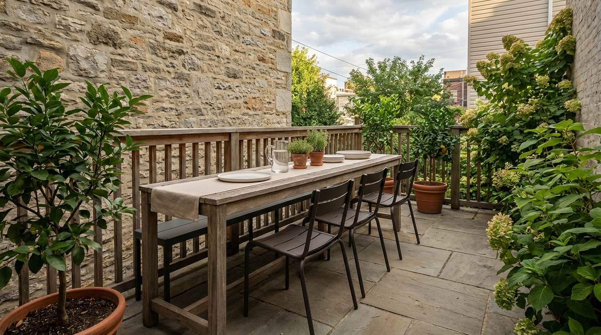A narrow console dining table designed for minimalist garden furniture, featuring a slim profile of 18 to 24 inches wide to maximize seating in constrained spaces like balconies or narrow patios. Made from weather-resistant materials such as teak or aluminum, it encourages linear arrangements along walls or railings, ideal for urban gardens where space efficiency is key. This table also functions as a serving console during outdoor events.