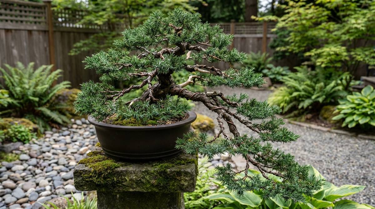 A detailed image of a Needle Juniper (Juniperus rigida) bonsai, showcasing its sharp needles and cascading growth habit, ideal for dramatic, nature-inspired compositions in Japanese gardens. The photo highlights techniques such as wiring young branches and pruning to emphasize horizontal layering.