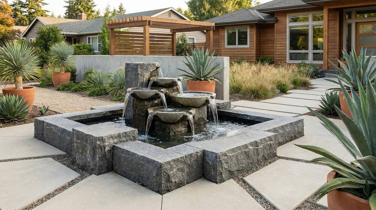 A modern stone garden fountain with asymmetrical tiered basins where upper tiers are positioned off-center from lower basins, creating dynamic water arcs and splashing sounds. The geometric irregularity complements angular hardscaping and architectural plants like agave or yucca in contemporary landscape designs.