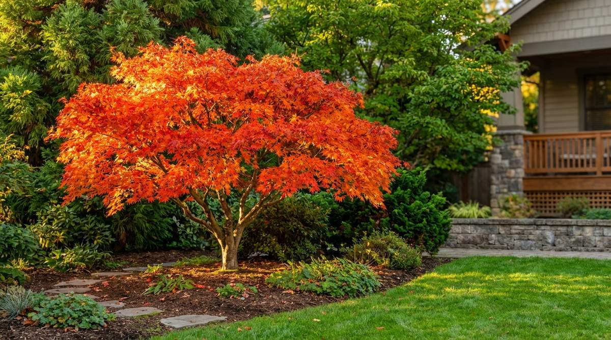 A stunning image of an Osakazuki Japanese maple tree showcasing its intense scarlet-orange fall foliage, glowing in autumn light, with a broad, rounded form and green summer leaves in the background, ideal for Japanese garden settings.