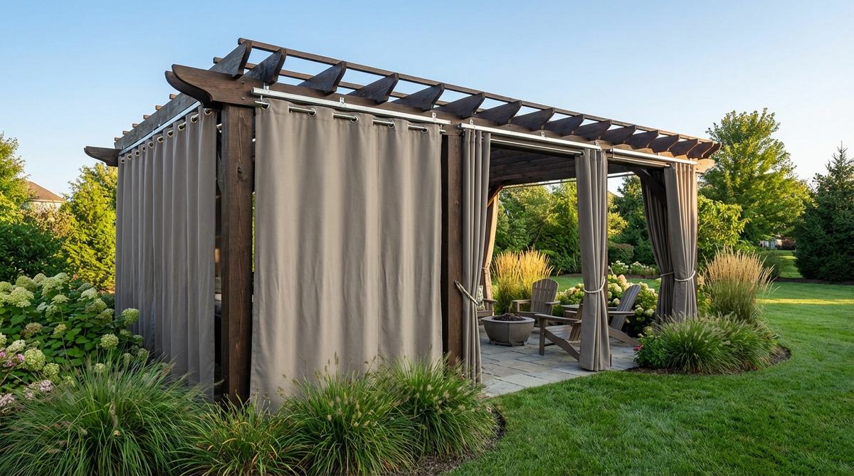 Weather-resistant fabric curtains hanging from a pergola structure, providing adjustable side shade and privacy while allowing airflow. The marine-grade panels are mounted on tracks with grommets for easy installation and removal.