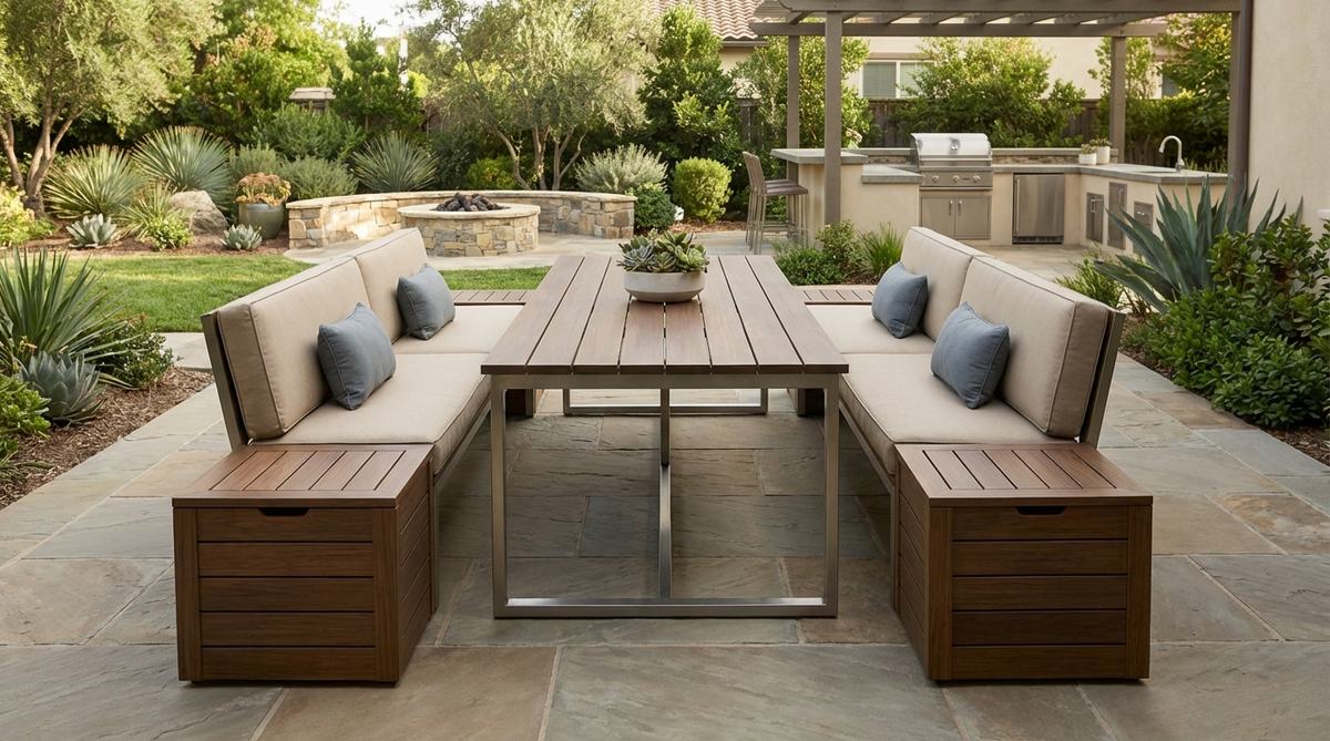 Modern garden table with bench seating featuring Sunbrella performance fabric cushions in coordinating colors. The upholstered seat cushions provide extended dining comfort while maintaining clean lines, with built-in storage for functionality in family-style outdoor dining settings.