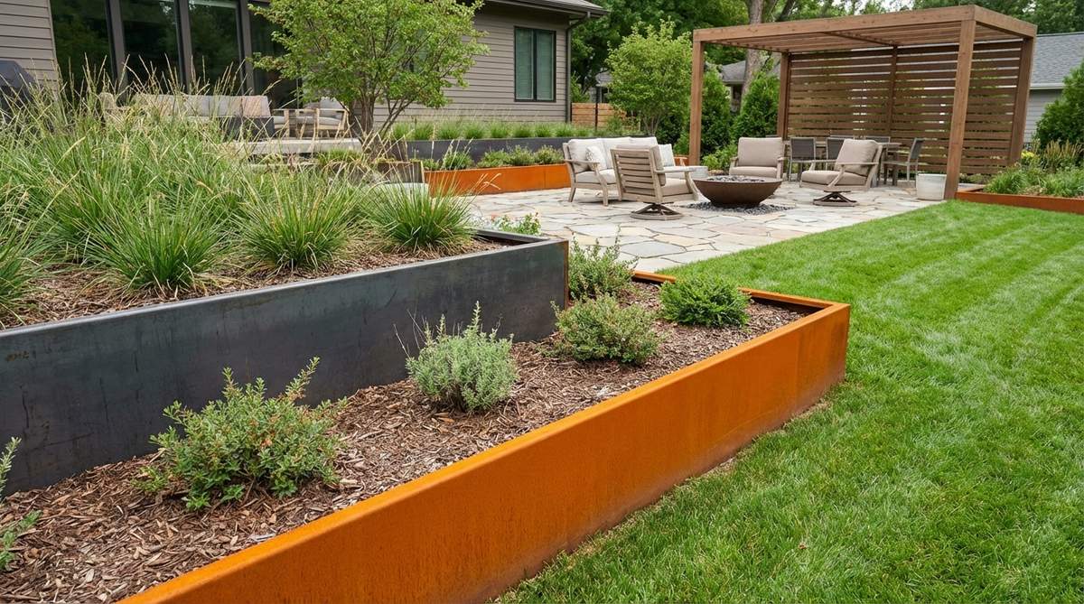 Modern garden edging made from powder-coated mild steel in custom colors, showing durable chip-resistant finish that coordinates with outdoor design elements. Features UV and moisture protection with long-lasting color options from matte black to vibrant accent tones.