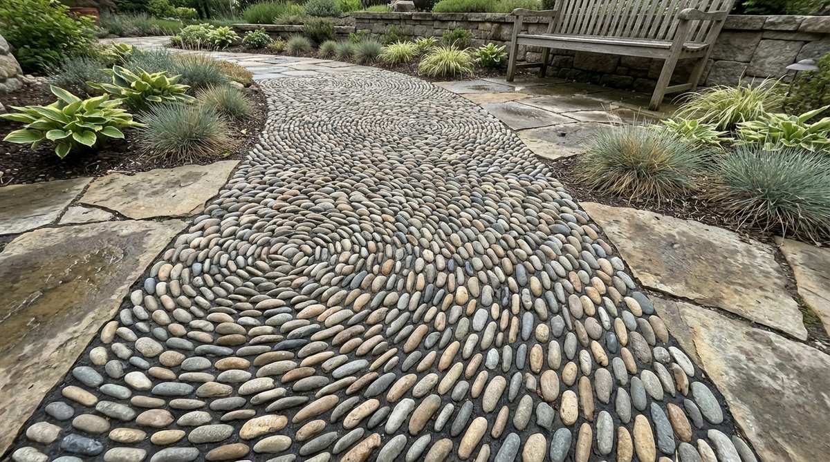 A close-up view of a decorative pebble mosaic walkway, featuring smooth river stones arranged in intricate patterns like spirals and waves, embedded vertically in mortar to create a permanent artistic surface in a stone garden.