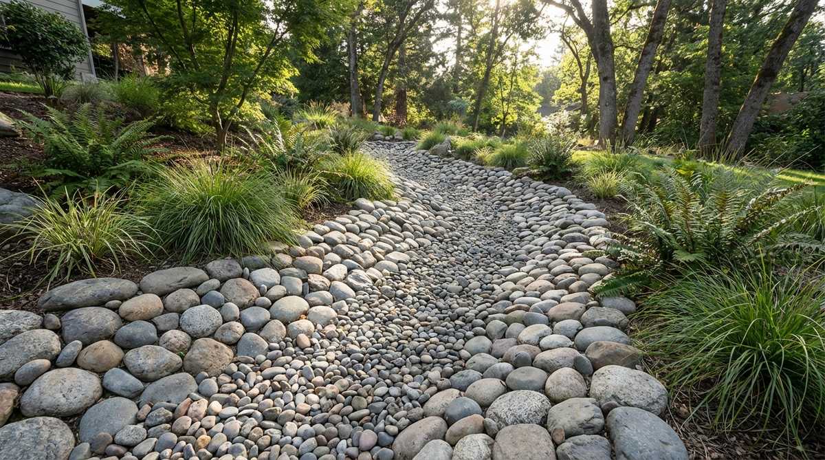 A stone garden mosaic featuring a pebble stream bed design with smooth river rocks arranged to simulate a dry creek bed. The mosaic shows larger cobbles at the edges grading to smaller pebbles in the center channel, mimicking water-sorted geology. Native grasses and moisture-loving plants are integrated along the edges, creating a naturalistic effect that serves both as a visual feature and practical water management solution in sloped garden areas.