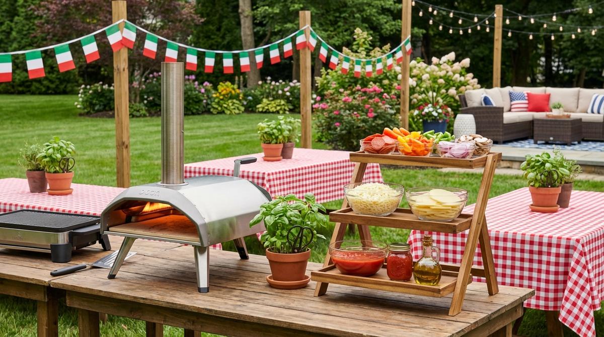 A vibrant garden party scene featuring a portable pizza oven and tabletop grill where guests assemble personal pizzas. Checkered tablecloths and Italian flag bunting create a casual, convivial atmosphere. Vertical tiered displays organize pizza toppings efficiently with sauces on the bottom, cheeses in the middle, and vegetables and meats on top. Fresh basil plants serve as edible centerpieces that guests can harvest directly.