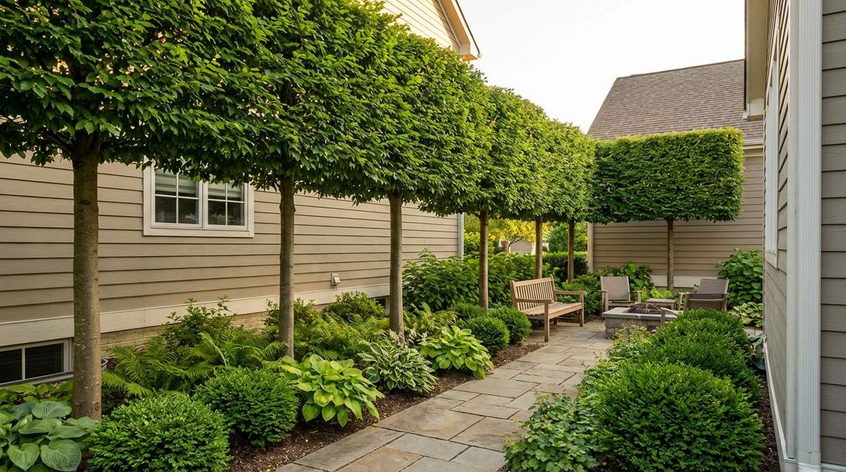 An illustration of pleached screening trees, such as hornbeam or linden, trained with clear trunks and flat horizontal canopies to block neighbor views at window height in a small backyard, allowing movement underneath without taking up ground space.