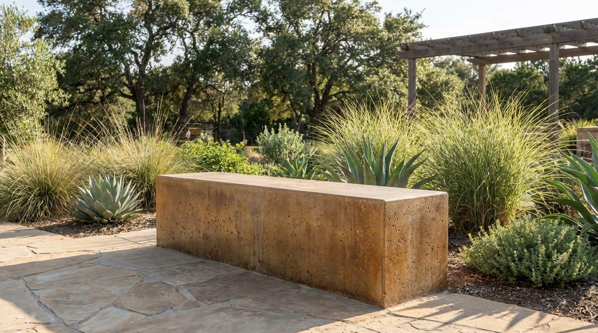 A solid polished concrete block bench with monolithic presence, ideal for anchoring garden spaces. The heavyweight design provides naturally cool seating in sun-exposed patios, featuring exposed aggregate surfaces and custom acid staining. Perfect as a permanent fixture to define spatial boundaries in contemporary gardens.