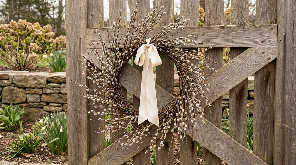 A minimalist natural wreath made from pussy willow branches with silvery catkins, suitable for Easter outdoor decor. The wreath features a loose circular form that can be left plain or adorned with cream or champagne ribbon, complementing modern and traditional architectural styles.