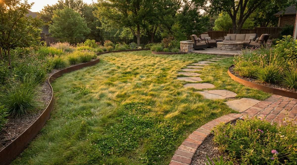 A serene garden scene featuring a soft, low-growing carpet of groundcover or no-mow fescue, serving as a peaceful lawn alternative. The image showcases the billowy texture glowing in evening light, with native sedges, clover blends, or eco-lawn seed mixes replacing traditional turf. Crisp steel or brick borders define the edges, and paver paths or stepping stones handle foot traffic, creating an intentional design that reduces maintenance and supports pollinators in U.S. backyards.
