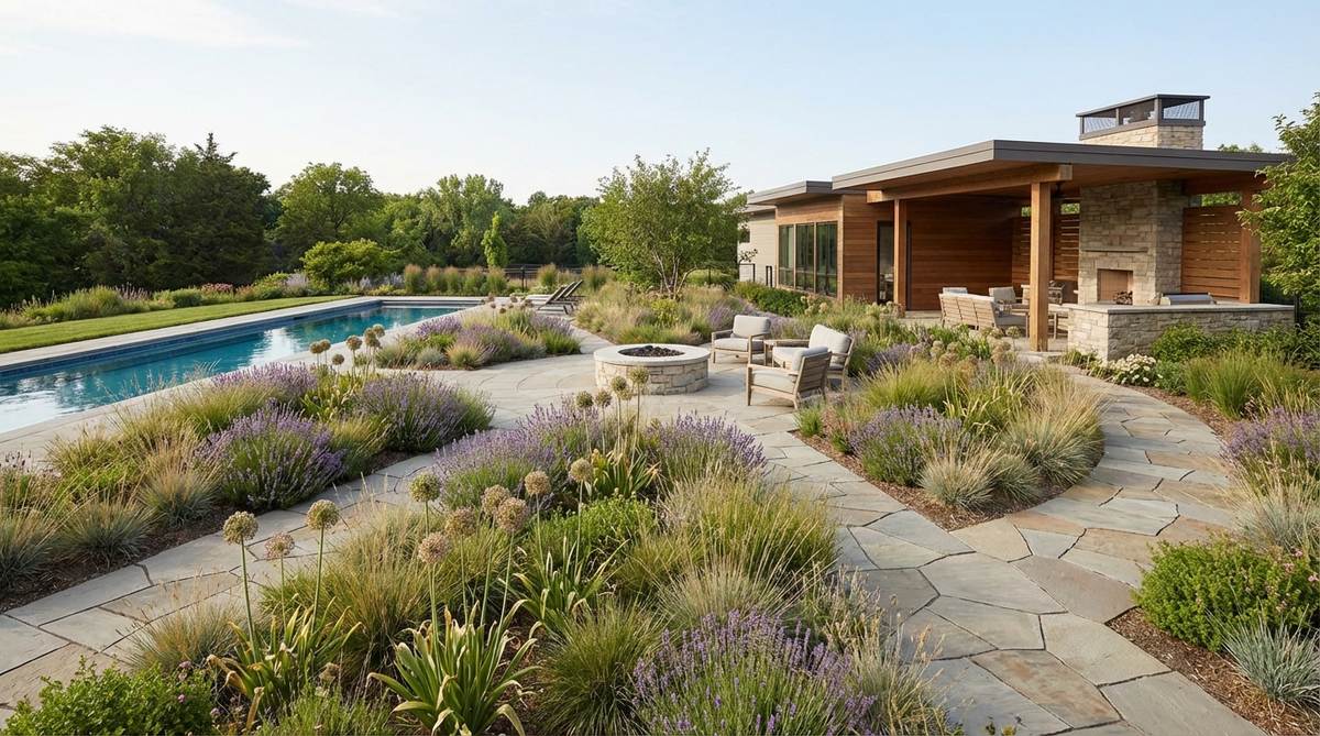 A modern garden featuring radial bed arrangements, with garden beds positioned along lines emanating from a central point to create dynamic movement and symmetry, ideal for balancing asymmetrical elements like pools or structures.