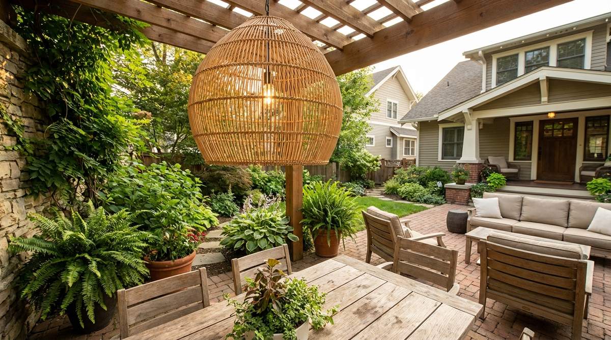 A woven rattan pendant chandelier with natural fiber shades that filter light for soft, diffused illumination. This lightweight bohemian fixture features dome or basket shapes, perfect for adding organic texture to covered porches, pergolas, or outdoor dining areas. The rattan material complements plant-heavy gardens while maintaining visual cohesion in vintage boho decor settings.