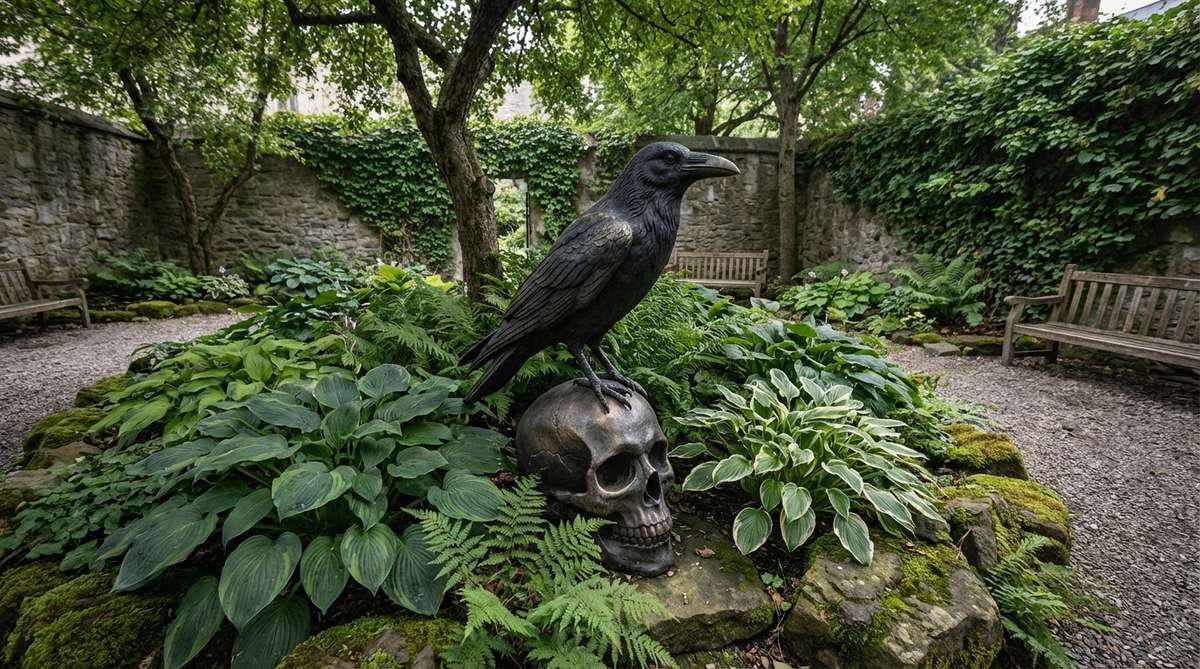 A gothic-style raven sculpture perched on a skull, featuring black finishes with subtle metallic highlights, ideal for shade gardens or enclosed courtyards. This piece adds literary and symbolic depth, complementing low-light plants like hostas and ferns for a contemplative atmosphere.