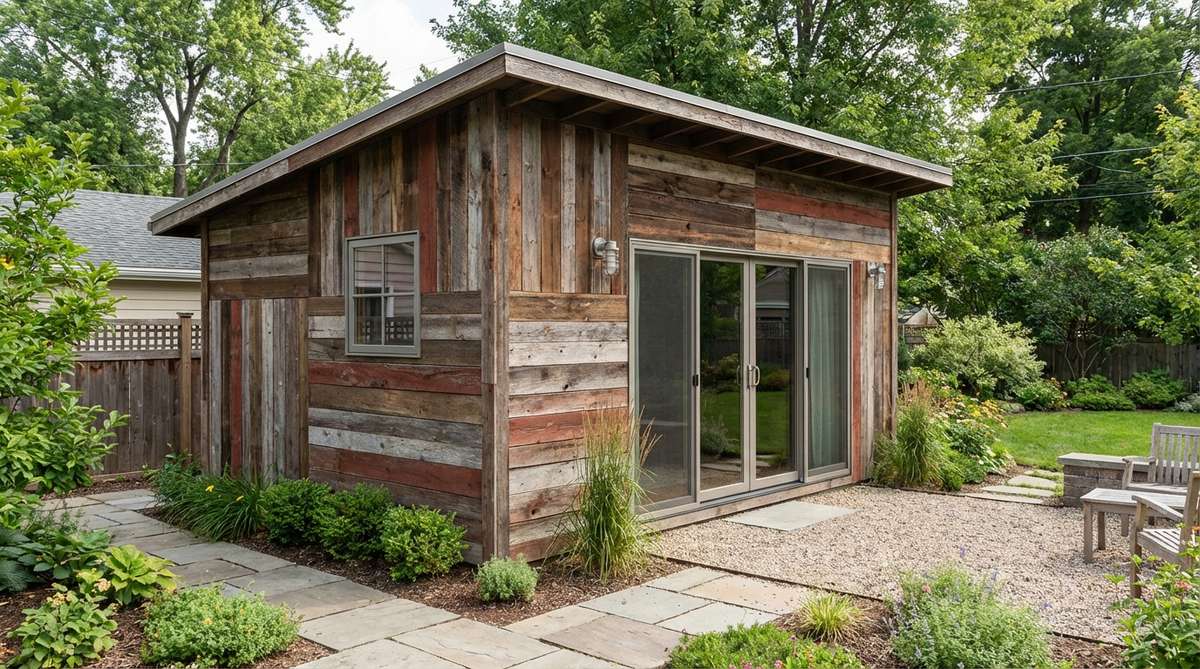 A modern garden shed constructed from reclaimed wood patchwork, featuring salvaged barn siding and weathered fence boards that create a textured facade with varied tones and widths. This eco-friendly design celebrates material history through an organic composition of planks with unique patina and texture variations, offering distinct architectural appeal while reducing environmental impact through locally sourced materials and eco-friendly sealants.