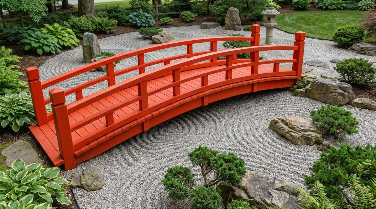 A vibrant red Japanese garden bridge spanning a dry landscape (karesansui) garden with carefully raked gravel patterns representing water flow. The architectural structure creates a striking contrast against the monochromatic stone arrangements, symbolizing the Zen concept of presence and absence in traditional Japanese garden design.