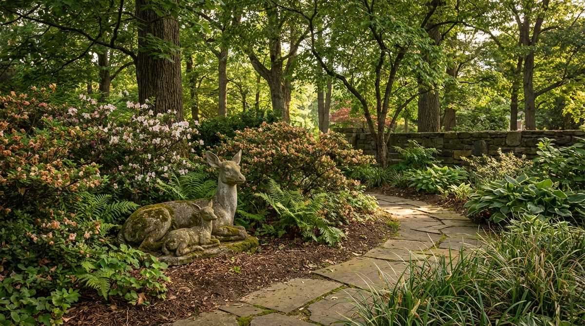 A stone garden statue depicting a resting deer family with a doe and fawn, designed to evoke woodland serenity in suburban gardens. The gentle forms contrast effectively with upright deciduous trees and naturalistic plantings, creating discovery moments along garden paths when tucked among azaleas or under tree canopies.