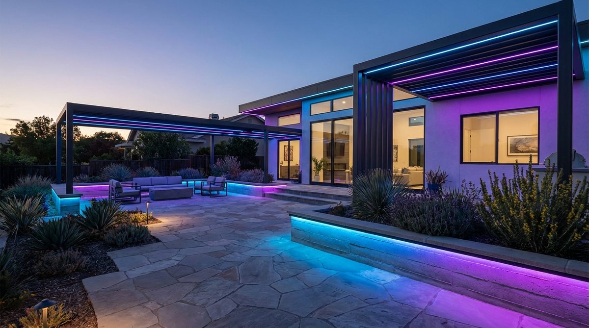 Multi-channel LED strips with independent color control for dynamic lighting effects on contemporary architecture, enabling complex color chases and gradient displays in modern garden settings.