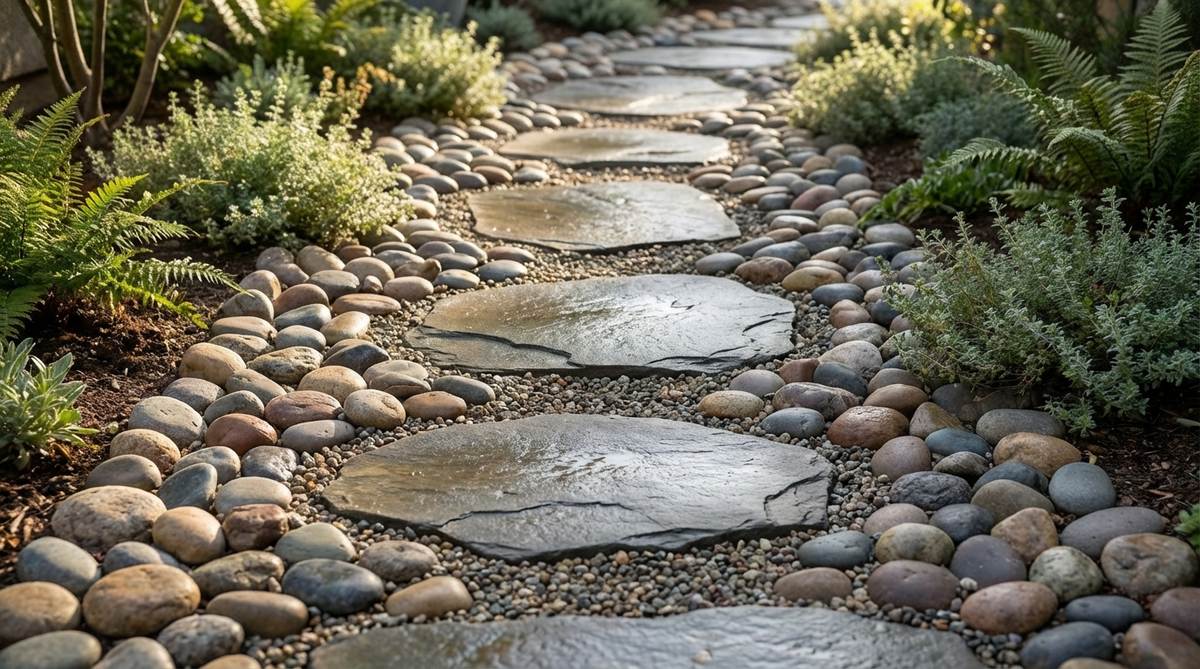 A close-up view of flat stepping stones in a garden pathway, each surrounded by a textured border of river rocks in varied sizes and colors. The stones are arranged in a mosaic pattern with a 6-inch band of 2-4 inch river rocks around each stepping stone, filled with fine gravel in between. This design creates visual interest and slows the pace of the pathway, ideal for Zen or Asian-inspired gardens.