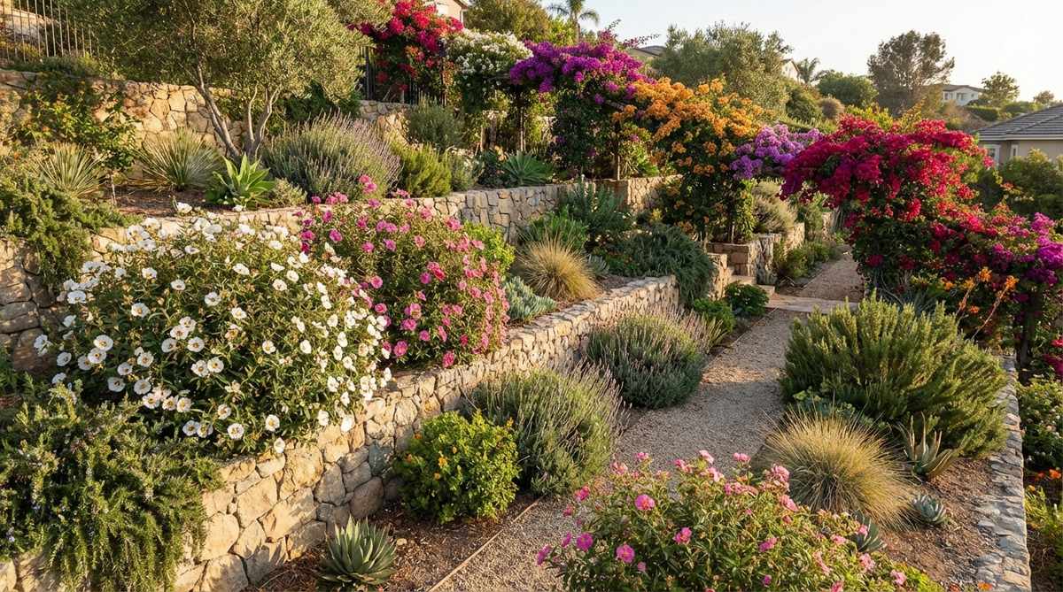A vibrant Mediterranean garden slope featuring Cistus rockrose with papery blooms and Bougainvillea with colorful bracts, showcasing drought-tolerant plants for erosion control and vertical accents in zones 9-11.