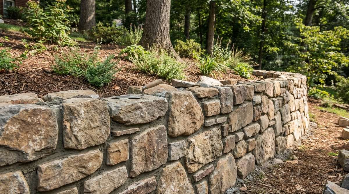 A detailed view of a rubble stone mortar retaining wall being constructed, showing irregular stones bonded with mortar. The image illustrates proper mortar application techniques on bedding surfaces and vertical edges, with joints struck to either flush or deeply raked finishes. This rustic yet structurally sound wall is ideal for slopes requiring heights over 4 feet where dry-stack methods are impractical.