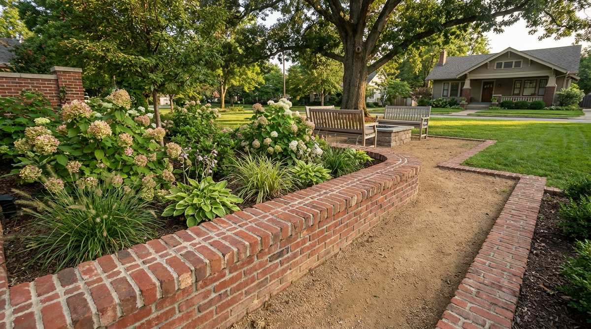 A garden border constructed with bricks arranged in a running bond offset pattern, where each brick overlaps the joint of the bricks below by half its length. This staggered layout mimics classic wall construction, creating strong visual lines that guide circulation through the landscape while providing structural stability through distributed stress.