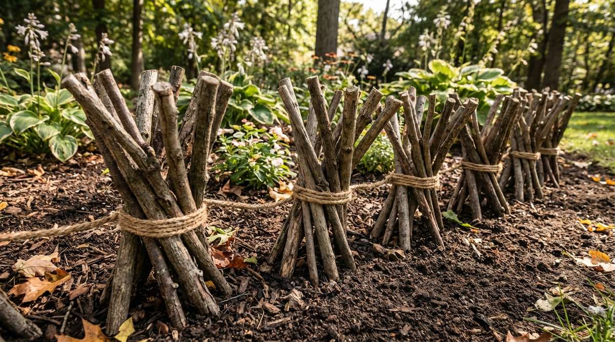 A close-up photo showing rustic twig border bundles made from natural branches tied with jute rope, used as portable garden edging for informal flower beds. The bundles are arranged along a garden border, demonstrating how they add texture and organic material to the soil while maintaining a rustic aesthetic.