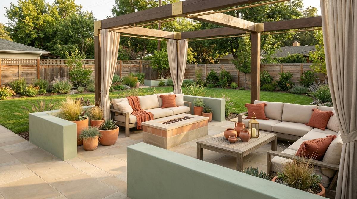 A contemporary interior design featuring soft sage green walls with terracotta accents and beige neutrals, achieving perfect warm-cool balance. The room includes terracotta throw pillows, pottery, area rugs, beige sofas and curtains, and brass or gold metallic accents for enhanced warmth.