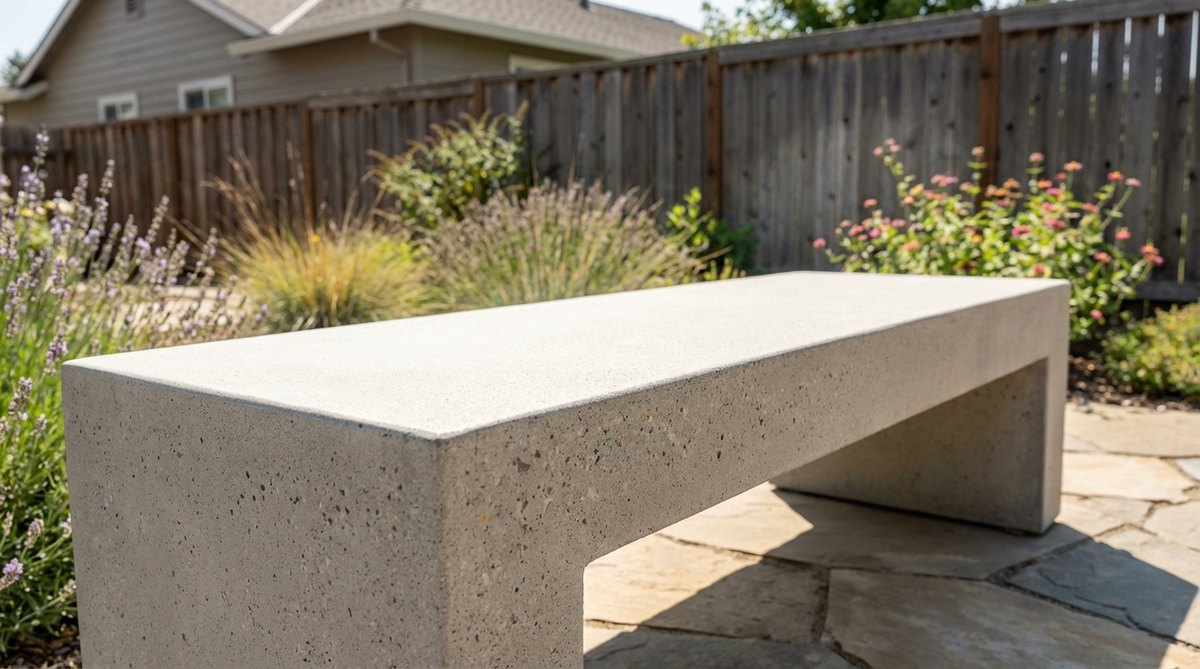 Close-up view of a modern garden bench with a sandblasted matte texture, showing uniform surface treatment that exposes fine aggregates and reduces glare in sunny garden settings.