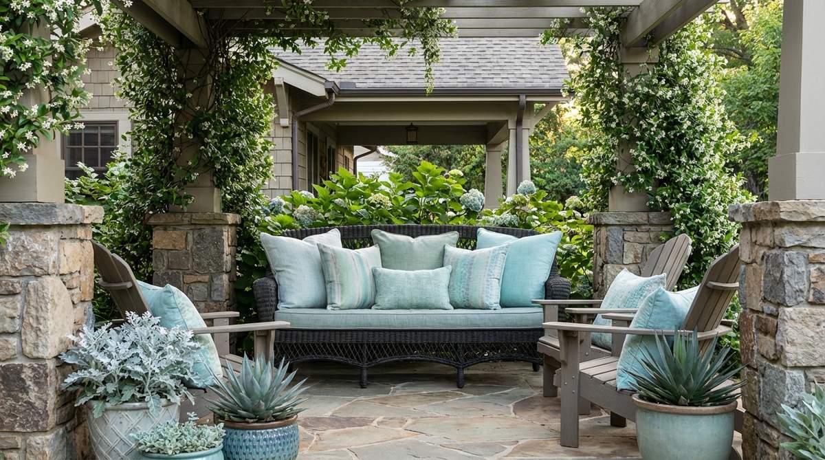 A collection of outdoor decor pillows in soft aqua, seafoam, and pale turquoise colors, mimicking weathered sea glass for a serene coastal aesthetic. Perfect for covered porches and shaded seating areas, featuring linen-look fabrics and subtle tonal patterns for added texture.