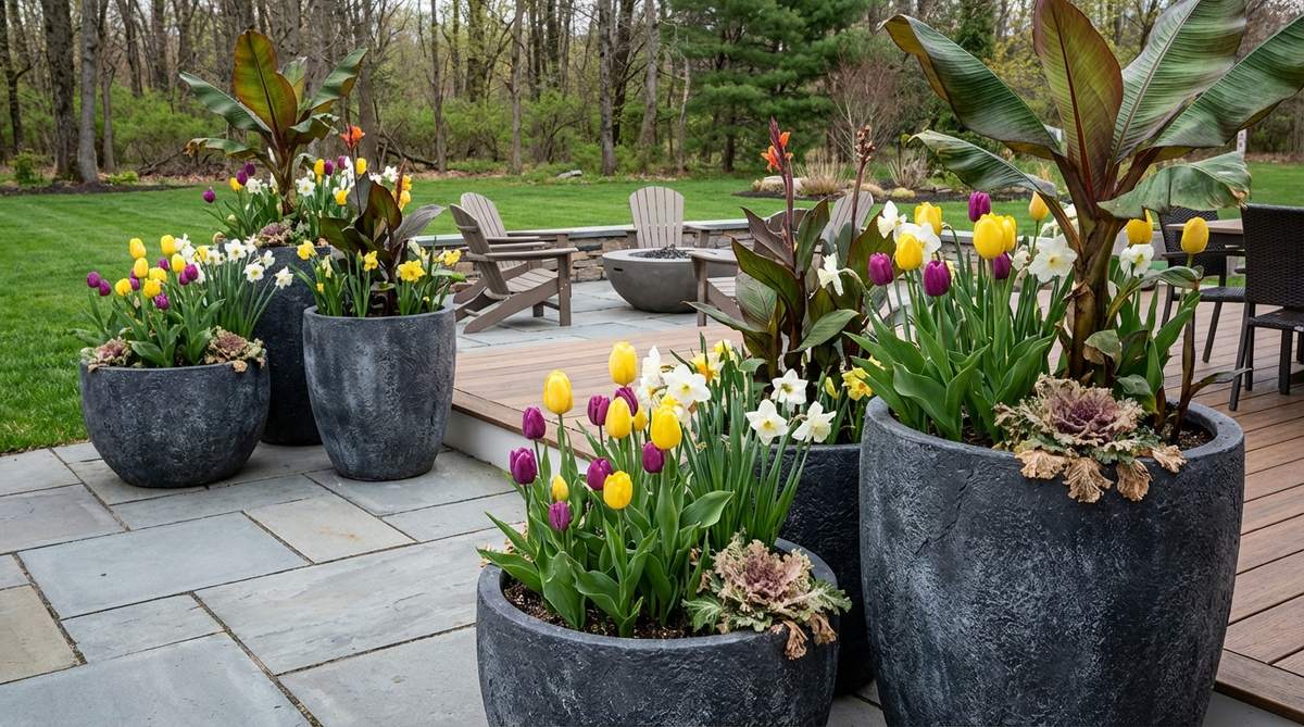 A contemporary garden featuring large-format containers with seasonal color rotation, showing spring bulbs transitioning to summer tropicals and fall ornamental kale, using lightweight resin or fiberglass materials that mimic stone or ceramic for durability and ease of relocation.