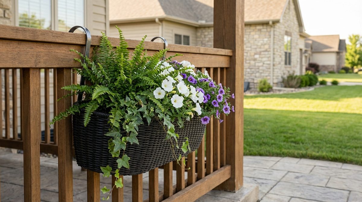 A self-watering hanging basket suspended from a balcony, featuring a hidden reservoir to prevent dripping and water runoff, with mature plants and secure hooks for safe installation.