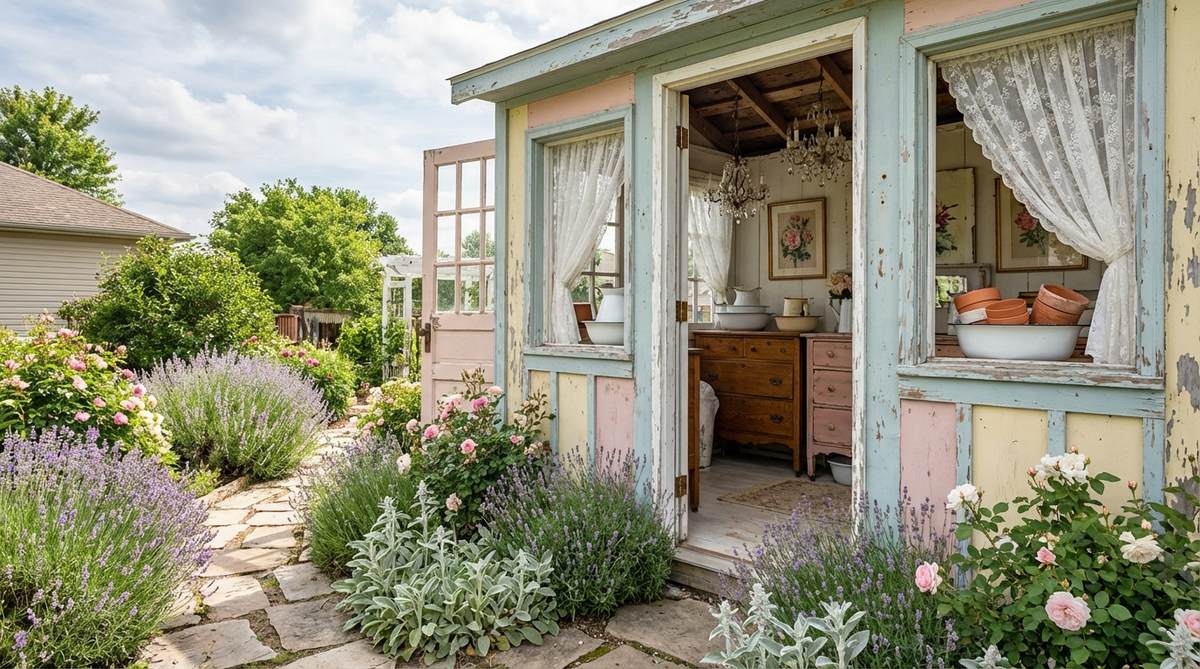 A shabby chic potting room garden shed with distressed pastel exterior paint in duck egg blue, blush pink, or butter yellow. Interior features repurposed vintage furniture including dressers for seed storage, enamelware basins, and crystal chandeliers. Decorated with floral prints, lace curtains, and pathways edged with lavender, roses, and lamb's ear plants.