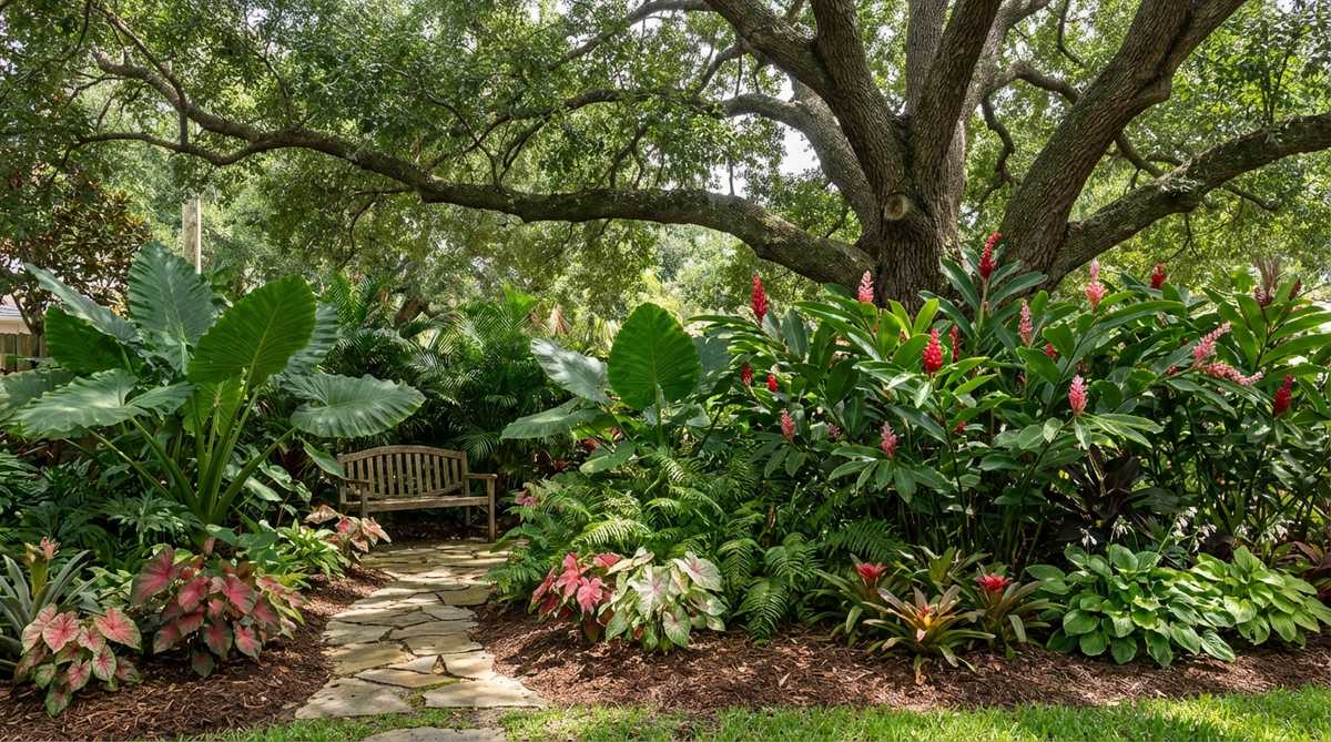 A lush tropical garden scene featuring a mature shade tree as the anchor, with a vibrant understory of bold foliage plants like elephant ears, ginger, and ferns thriving in the shaded zone, illustrating how to transform conventional yards into tropical landscapes without waiting for palm trees to mature.