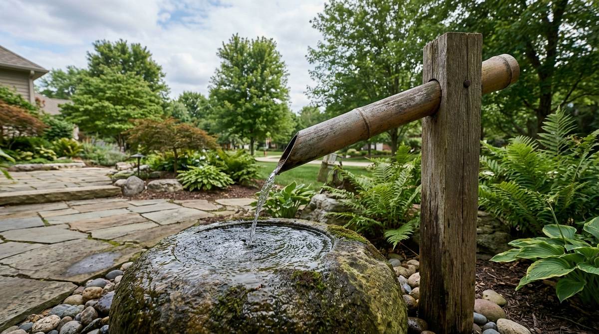 A traditional Japanese Shishi-Odoshi, a bamboo deer scarer fountain, mounted on a wooden post with a pivoting tube that fills with water and tips to strike a stone, creating a rhythmic clacking sound. Used originally to deter deer, it now serves as a meditative element in outdoor gardens, with adjustable water flow for varying cycle intervals.