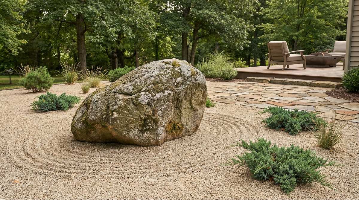 A solitary large stone positioned prominently in a Zen garden, serving as both a focal point and meditation object. The rock's isolation emphasizes its presence and invites prolonged contemplation, placed asymmetrically within a raked area with substantial negative space to enhance visual impact.