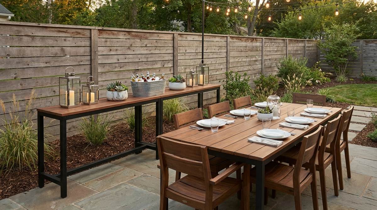 A contemporary garden patio featuring a slim console table used as an extra dining surface, positioned along a wall or fence. The console table matches the material of the main garden table and chairs, creating a coordinated outdoor dining zone. During a party, it functions as a stylish buffet line or drink station, with lanterns, drink tubs, or planters placed on it when not in use. This setup keeps the main dining table clear for plates and conversation, supporting self-serve hosting for an enjoyable evening gathering.