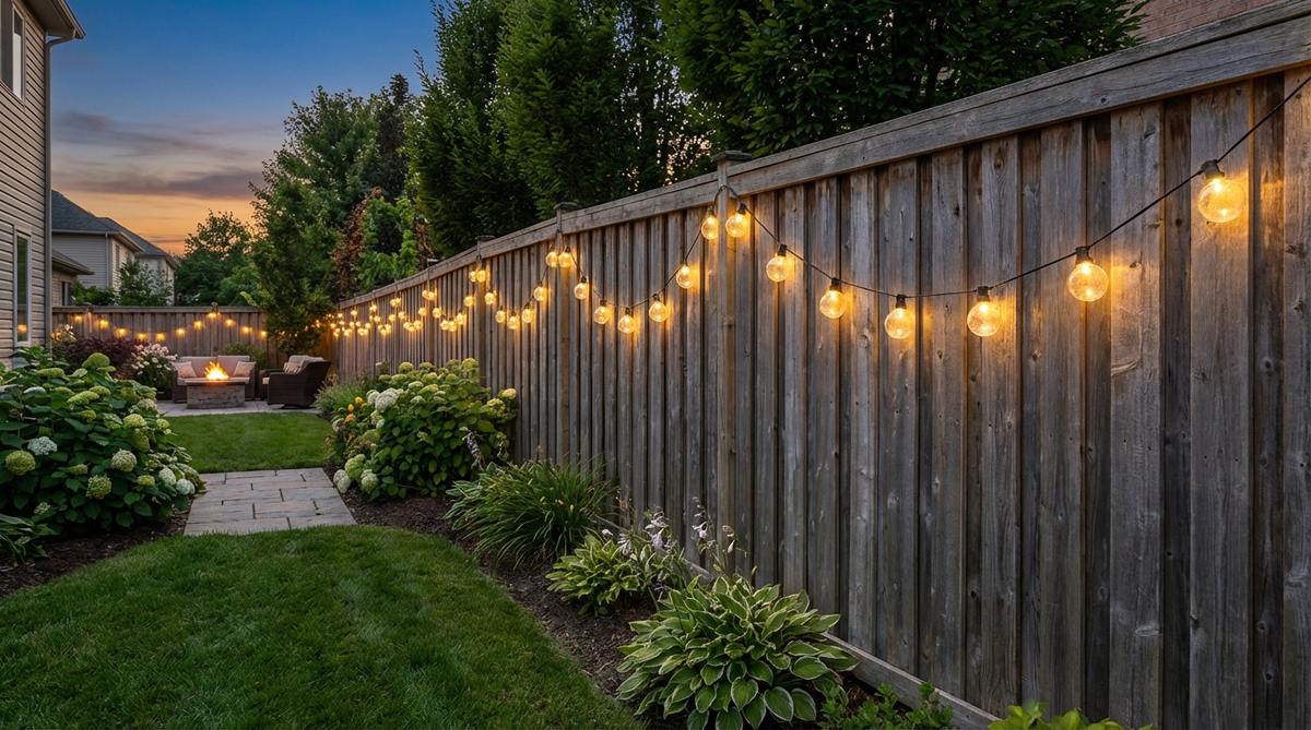 Solar-powered globe string lights draped along a garden fence, providing warm white illumination for outdoor ambiance without needing electrical outlets.