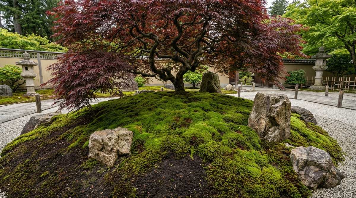 A red-leafed Japanese maple tree elevated on a soil mound covered in lush green moss, creating a striking living sculpture in a Japanese garden. The raised position provides optimal drainage for the maple while the moss intensifies the contrast with the burgundy foliage. Accent rocks at the base complete the natural composition.
