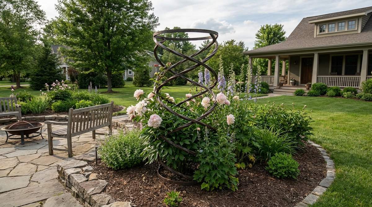 A spiral steel plant support with twisted arms for natural plant weaving, ideal for supporting peonies, delphiniums, and top-heavy perennials in garden decor.