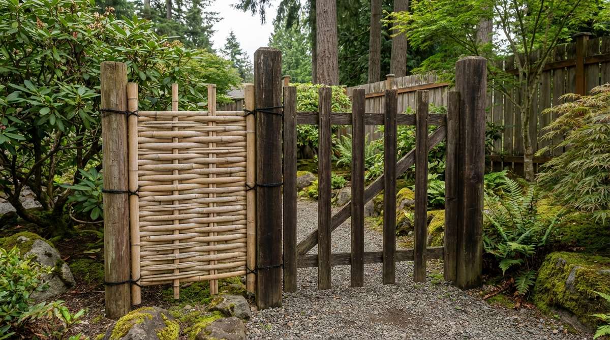 A traditional Japanese tea garden chumon gate featuring a simple split bamboo panel woven in a horizontal pattern with gaps, attached to a single wooden post with black hemp twine. This humble middle gate marks the boundary between outer and inner tea gardens, positioned at the natural pause point where guests await invitation to proceed.