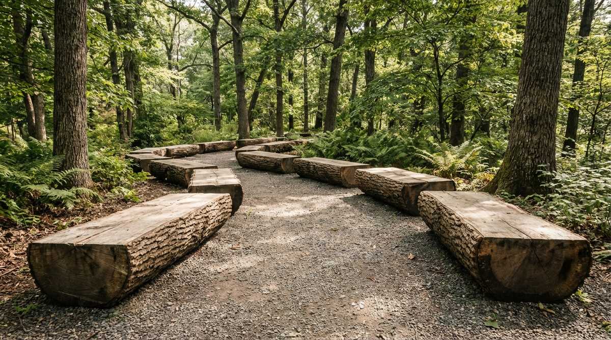 A rustic seating option made from split logs placed flat-side-up along a woodland garden path, featuring intact bark on curved sides for texture, using decay-resistant white oak or black locust wood.